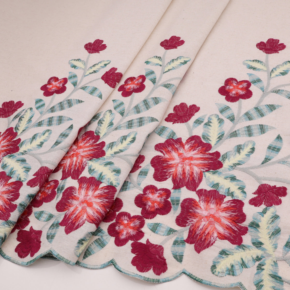 Border Meadow Flower Embroidery Linen Viscose Dressmaking Fabric - Cerise