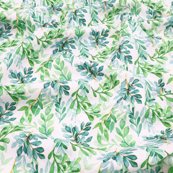 Chinese Grass Linen Feel Printed Ramie Cotton Dressmaking Fabric - Green Leaves