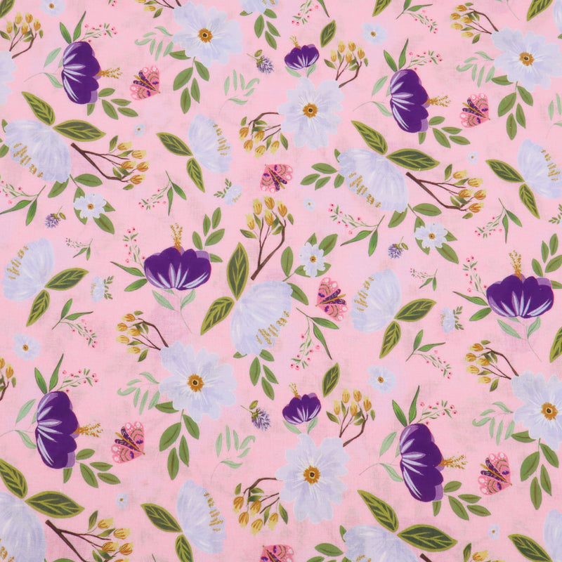 Chinese Grass Linen Feel Printed Ramie Cotton Dressmaking Fabric - Pink Garden