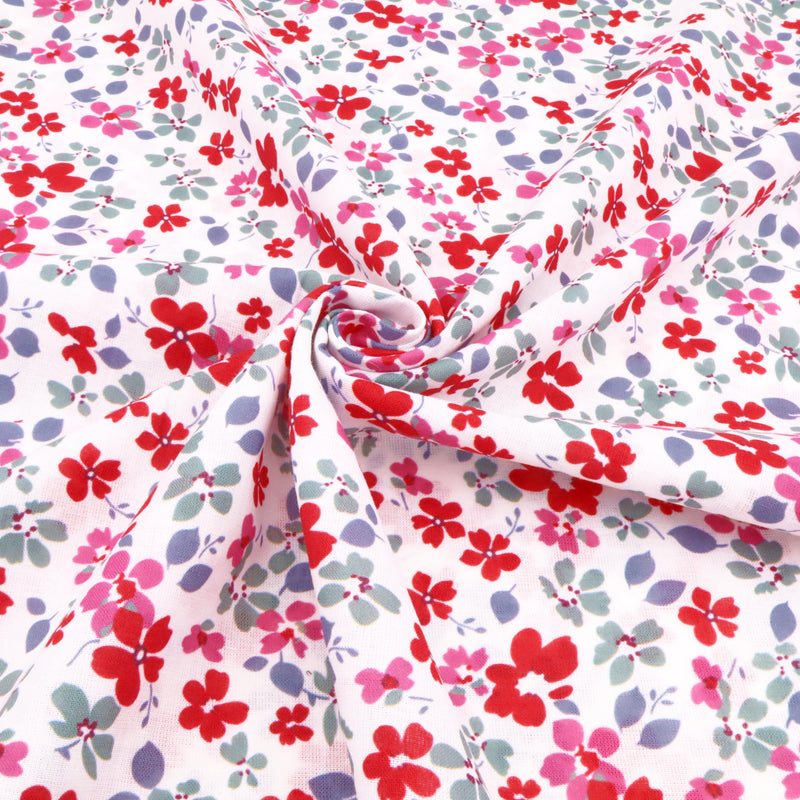 Chinese Grass Linen Feel Printed Ramie Cotton Dressmaking Fabric - Pink Red Flowers