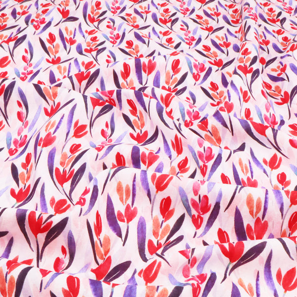 Chinese Grass Linen Feel Printed Ramie Cotton Dressmaking Fabric - Red Tulips