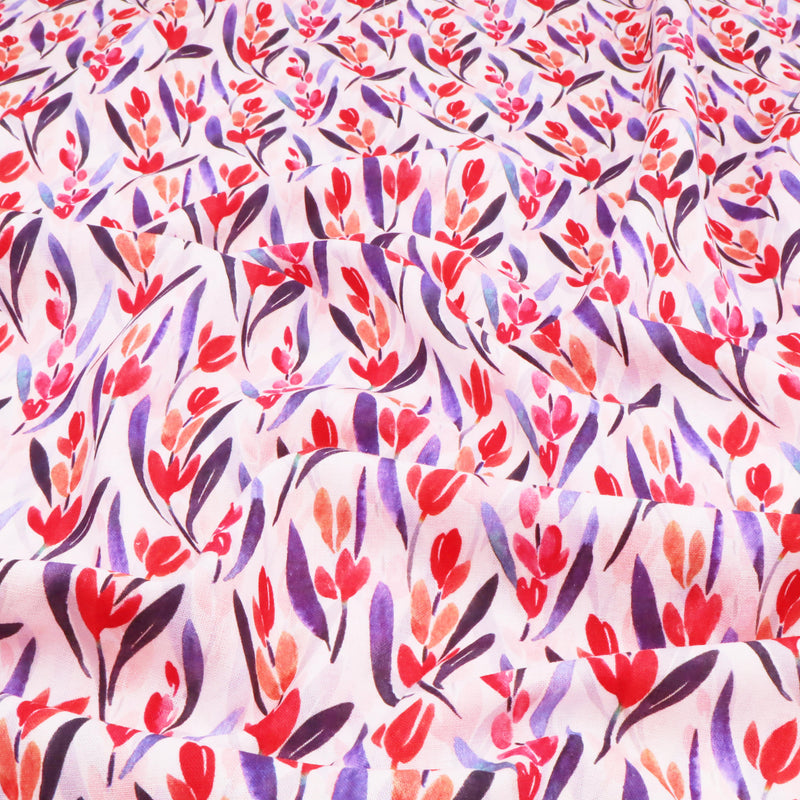 Chinese Grass Linen Feel Printed Ramie Cotton Dressmaking Fabric - Red Tulips