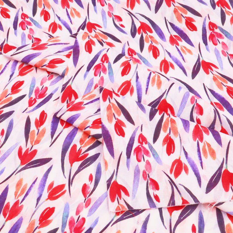 Chinese Grass Linen Feel Printed Ramie Cotton Dressmaking Fabric - Red Tulips
