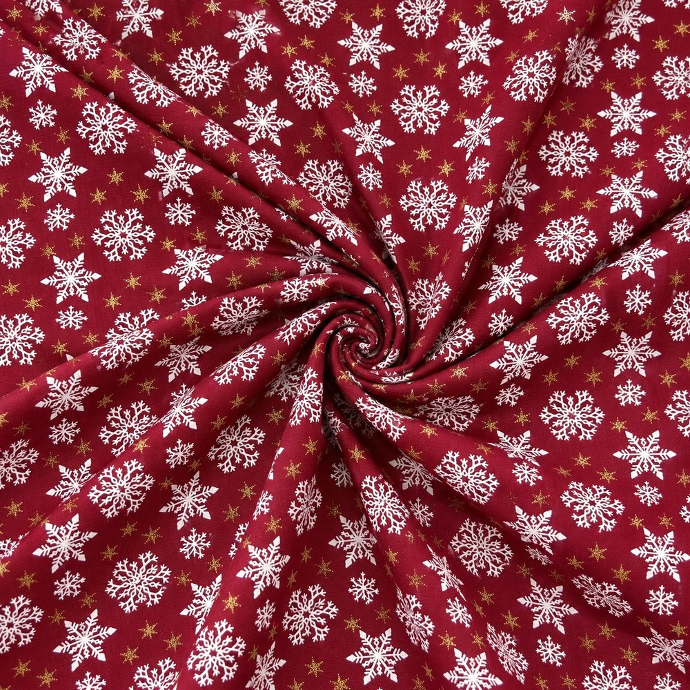 Christmas Cotton Fabric Metallic Foil Print Craft Fabric - Red Snowflakes