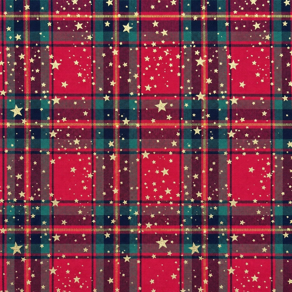 Christmas Cotton Fabric Metallic Foil Print Craft Fabric - Tartan Stars
