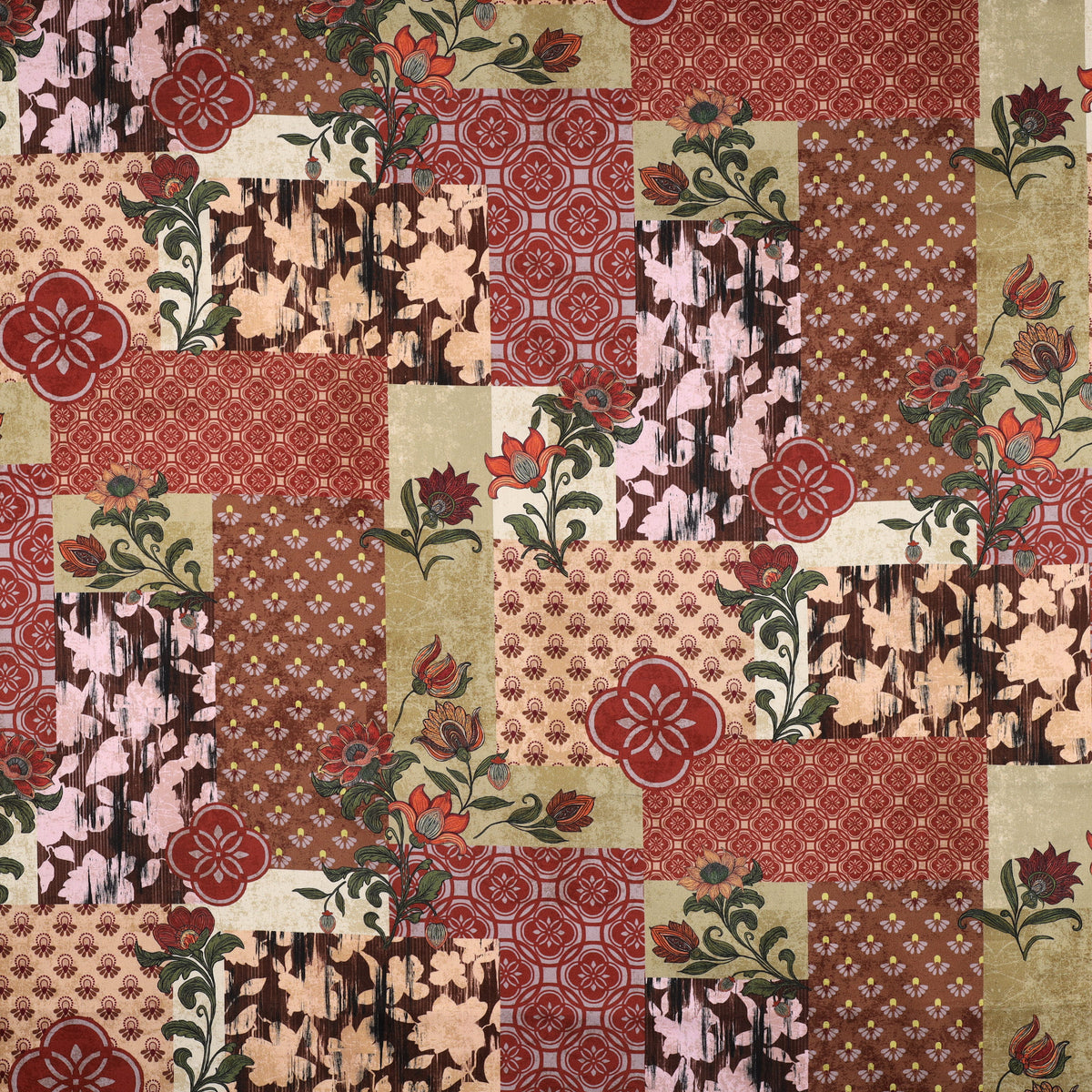 Cloverdale Printed Cotton Satin Dressmaking Fabric - Patchwork Rust