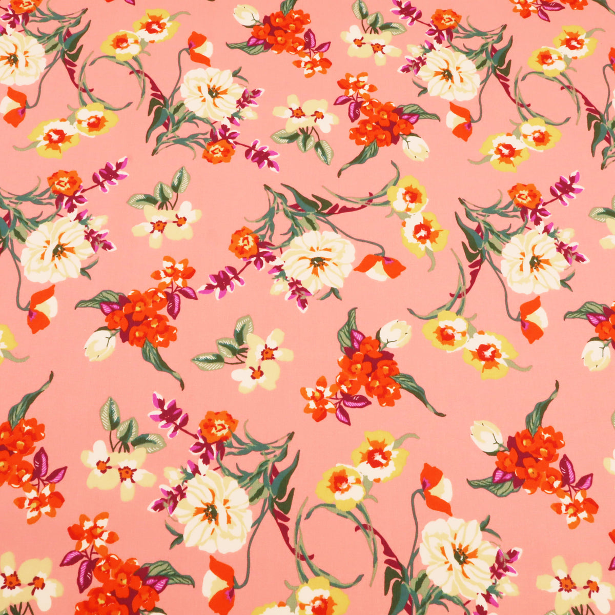 Printed Coated Cotton Water Repellent Tablecloth Fabric - Bold Flowers on Salmon