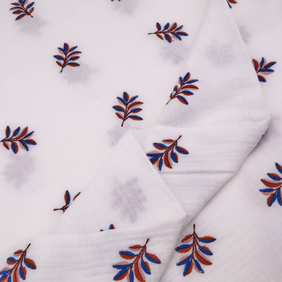Colette Embroidered Cotton Double Gauze Dressmaking Fabric - Leaves on White