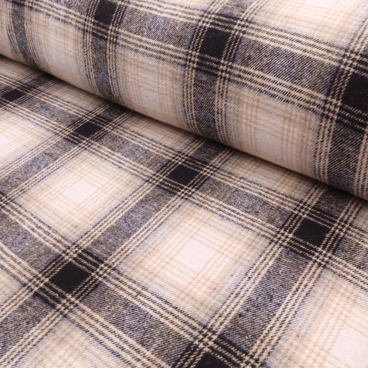 Cosy Thick Brushed Cotton Blend Tartan Plaid Fabric - Large Beige & Black