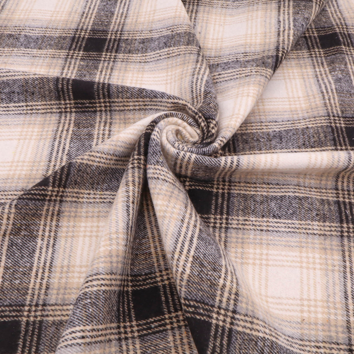 Cosy Thick Brushed Cotton Blend Tartan Plaid Fabric - Large Beige & Black