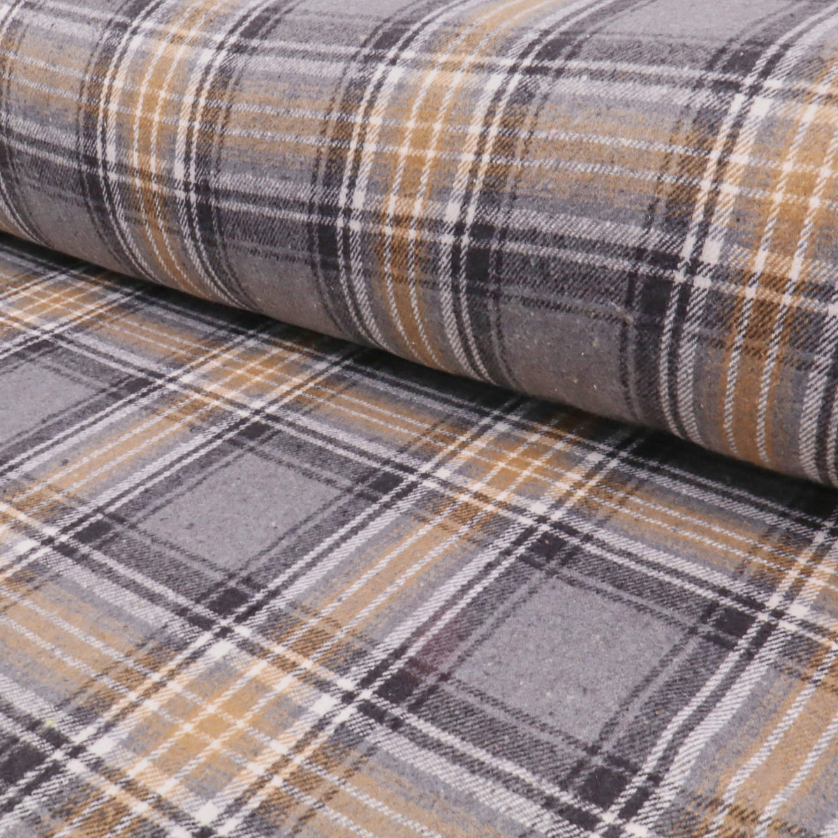 Cosy Thick Brushed Cotton Blend Tartan Plaid Fabric - Large Grey & Brown