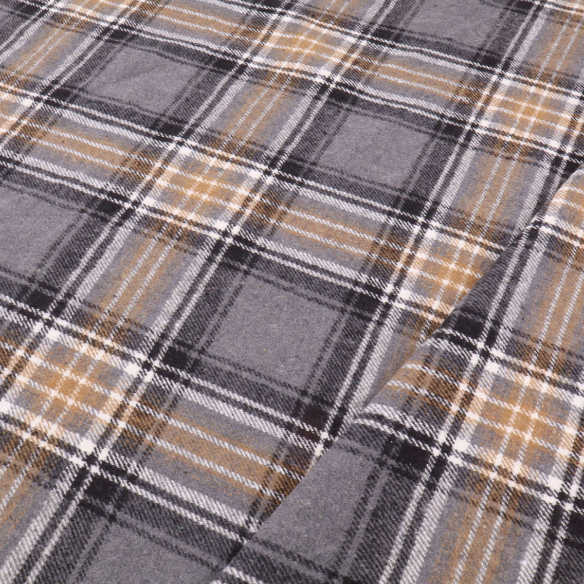 Cosy Thick Brushed Cotton Blend Tartan Plaid Fabric - Large Grey & Brown