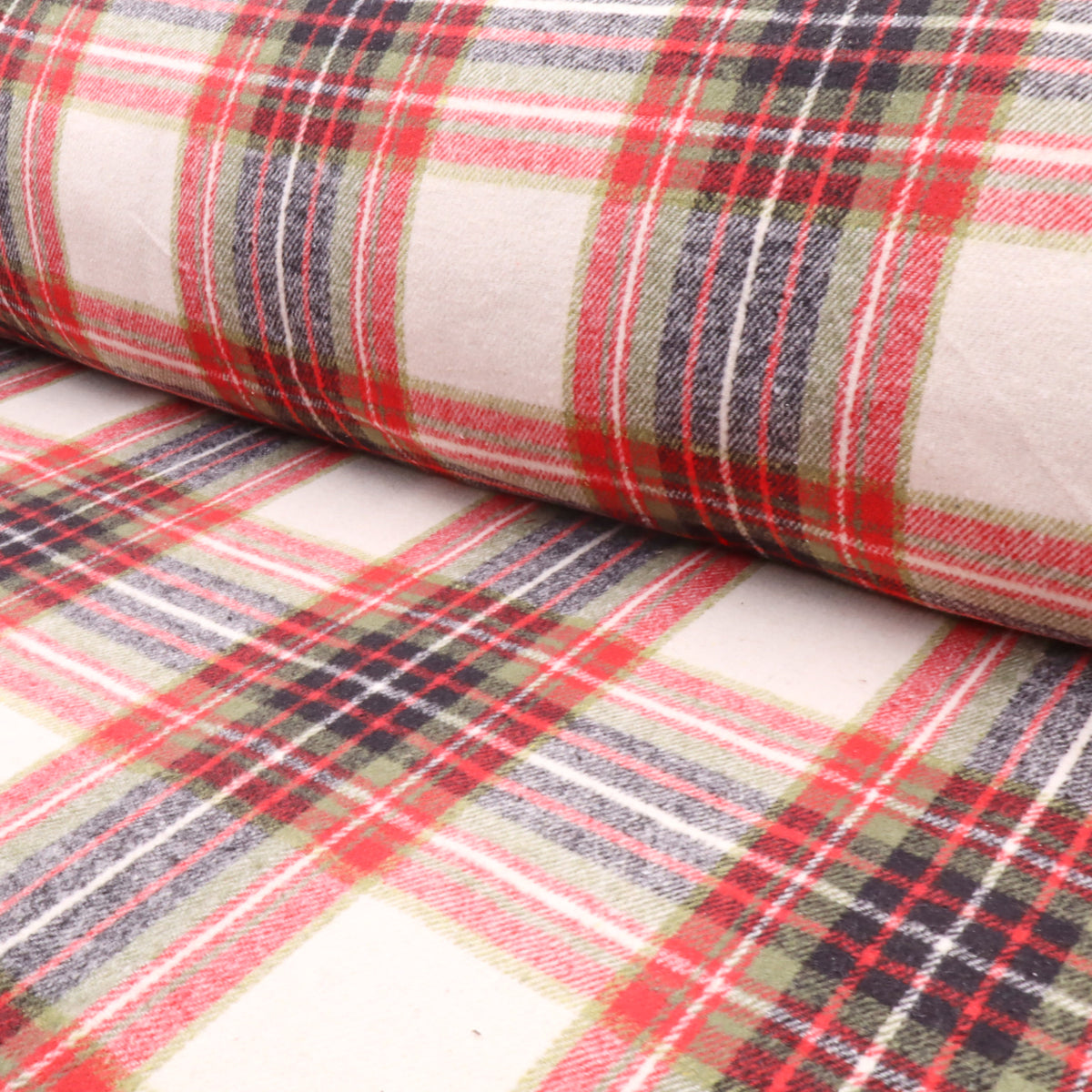 Cosy Thick Brushed Cotton Blend Tartan Plaid Fabric - Large Red & Ivory
