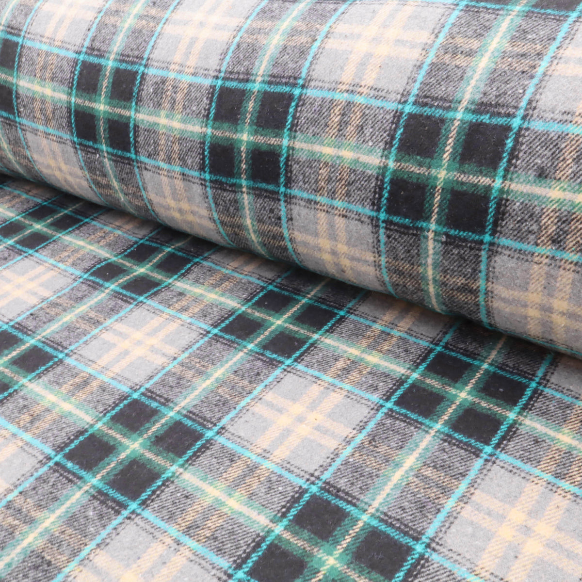 Cosy Thick Brushed Cotton Blend Tartan Plaid Fabric - Small Teal & Black