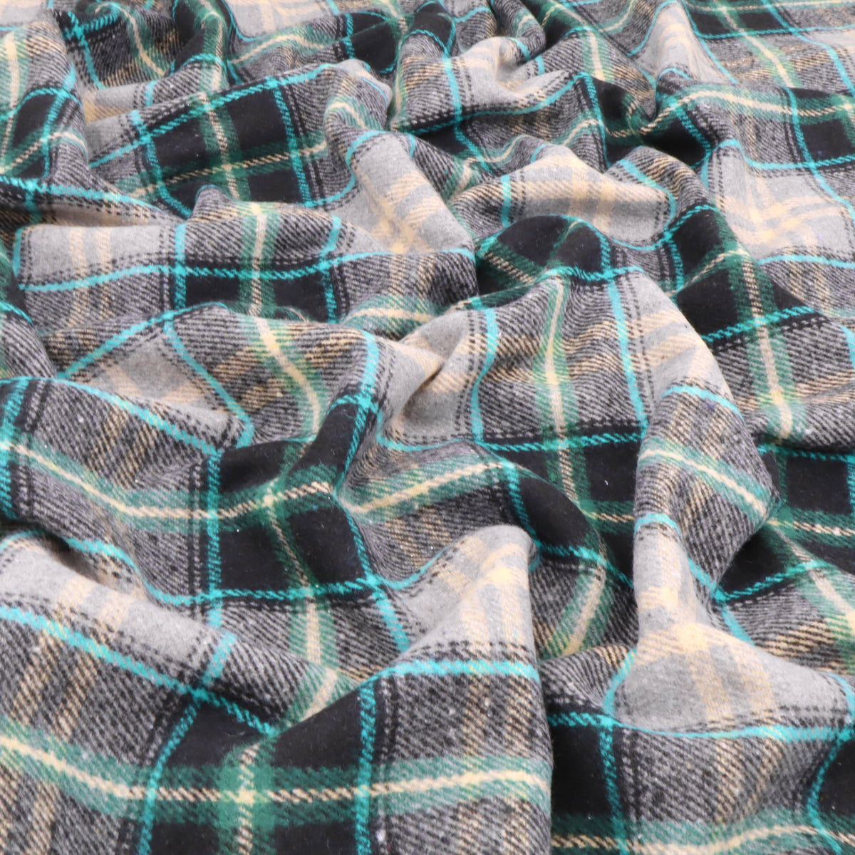 Cosy Thick Brushed Cotton Blend Tartan Plaid Fabric - Small Teal & Black