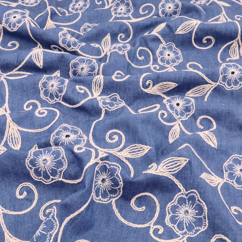 Cotton Denim Embroidery Chambray Jeans 4.8oz Dressmaking Fabric - Round Flowers