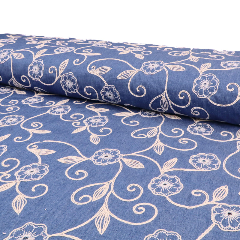 Cotton Denim Embroidery Chambray Jeans 4.8oz Dressmaking Fabric - Round Flowers