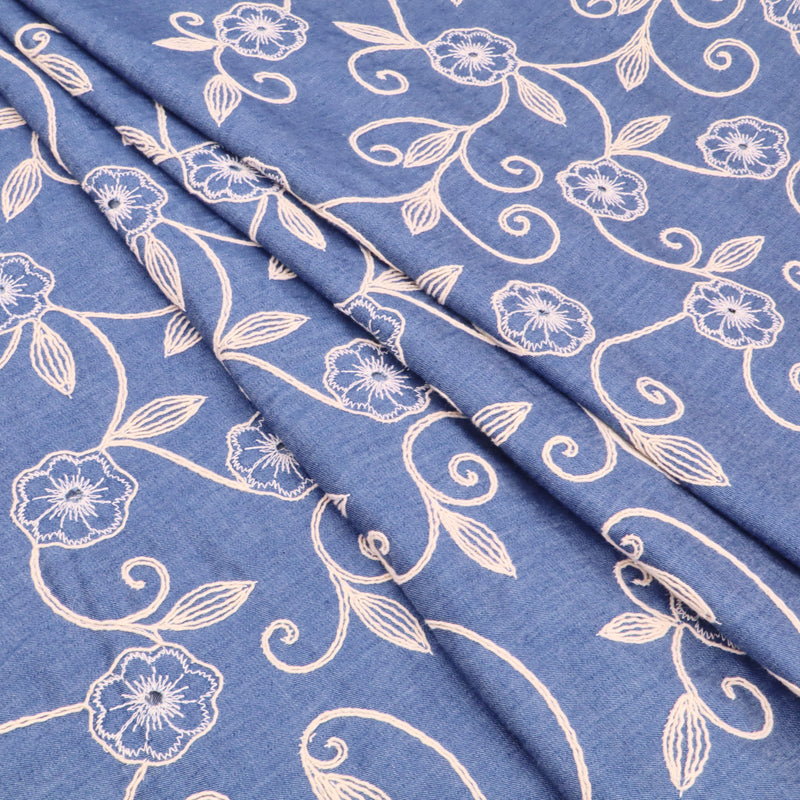 Cotton Denim Embroidery Chambray Jeans 4.8oz Dressmaking Fabric - Round Flowers