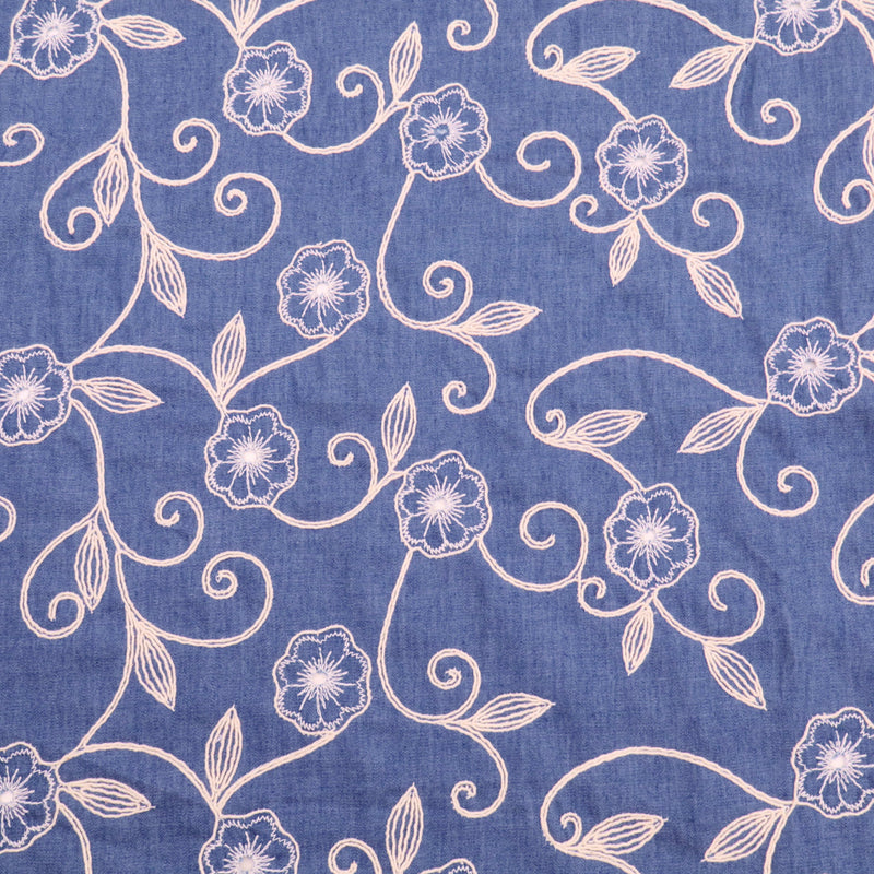 Cotton Denim Embroidery Chambray Jeans 4.8oz Dressmaking Fabric - Round Flowers