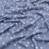 Cotton Denim Chambray Jeans 4.5oz Printed Dressmaking Fabric - White Hearts