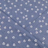 Cotton Denim Chambray Jeans 4.5oz Printed Dressmaking Fabric - White Hearts