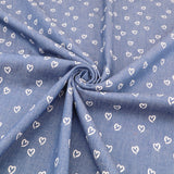 Cotton Denim Chambray Jeans 4.5oz Printed Dressmaking Fabric - White Hearts