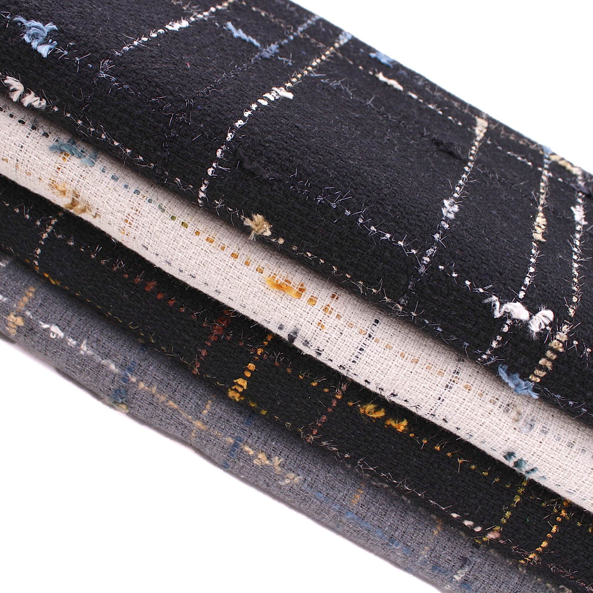 Cotton Mix Boucle Tweed Designer Look Check Fabric - Black Blue