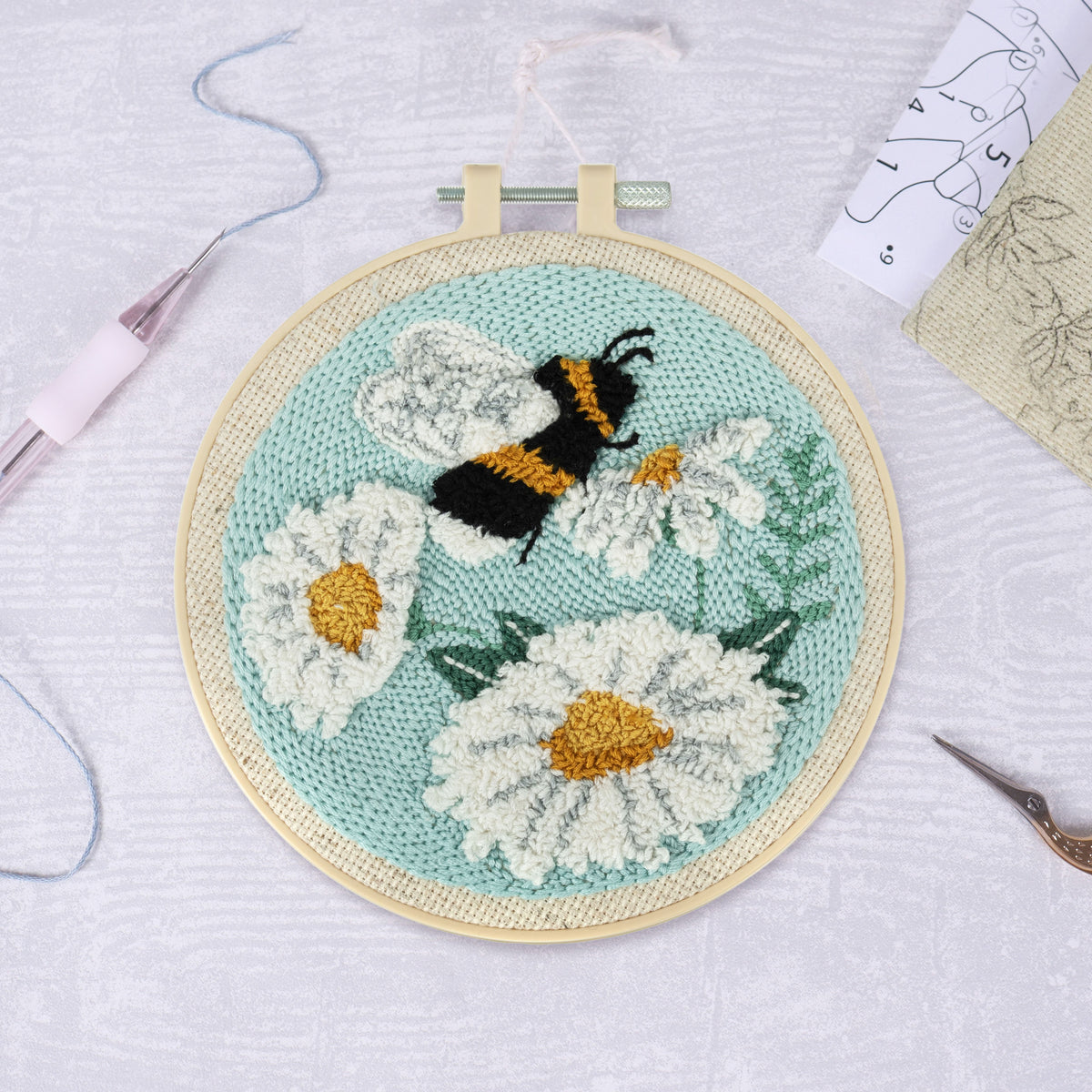 Craft Punch Needle Kit - Beginner Embroidery Floss Set with 6" Hoop - Bee & Flowers