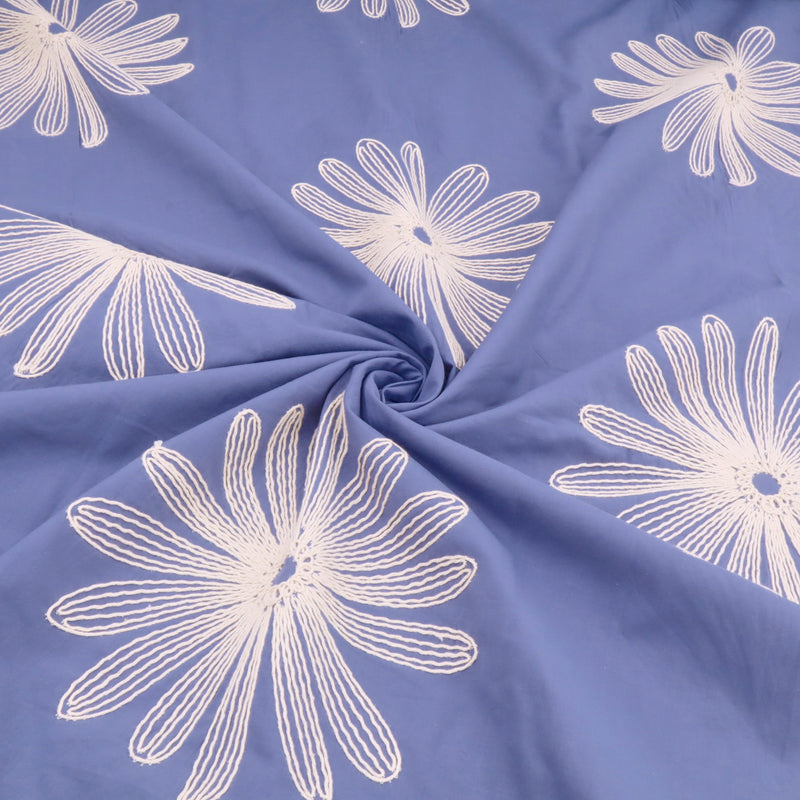 Daisy Cotton Embroidery Dressmaking Fabric - Cornflower Blue