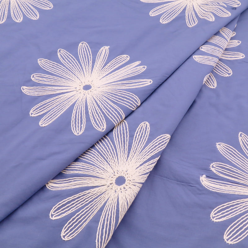 Daisy Cotton Embroidery Dressmaking Fabric - Cornflower Blue