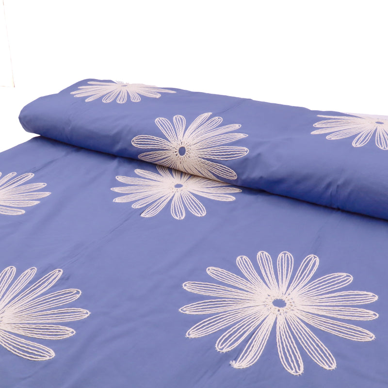 Daisy Cotton Embroidery Dressmaking Fabric - Cornflower Blue