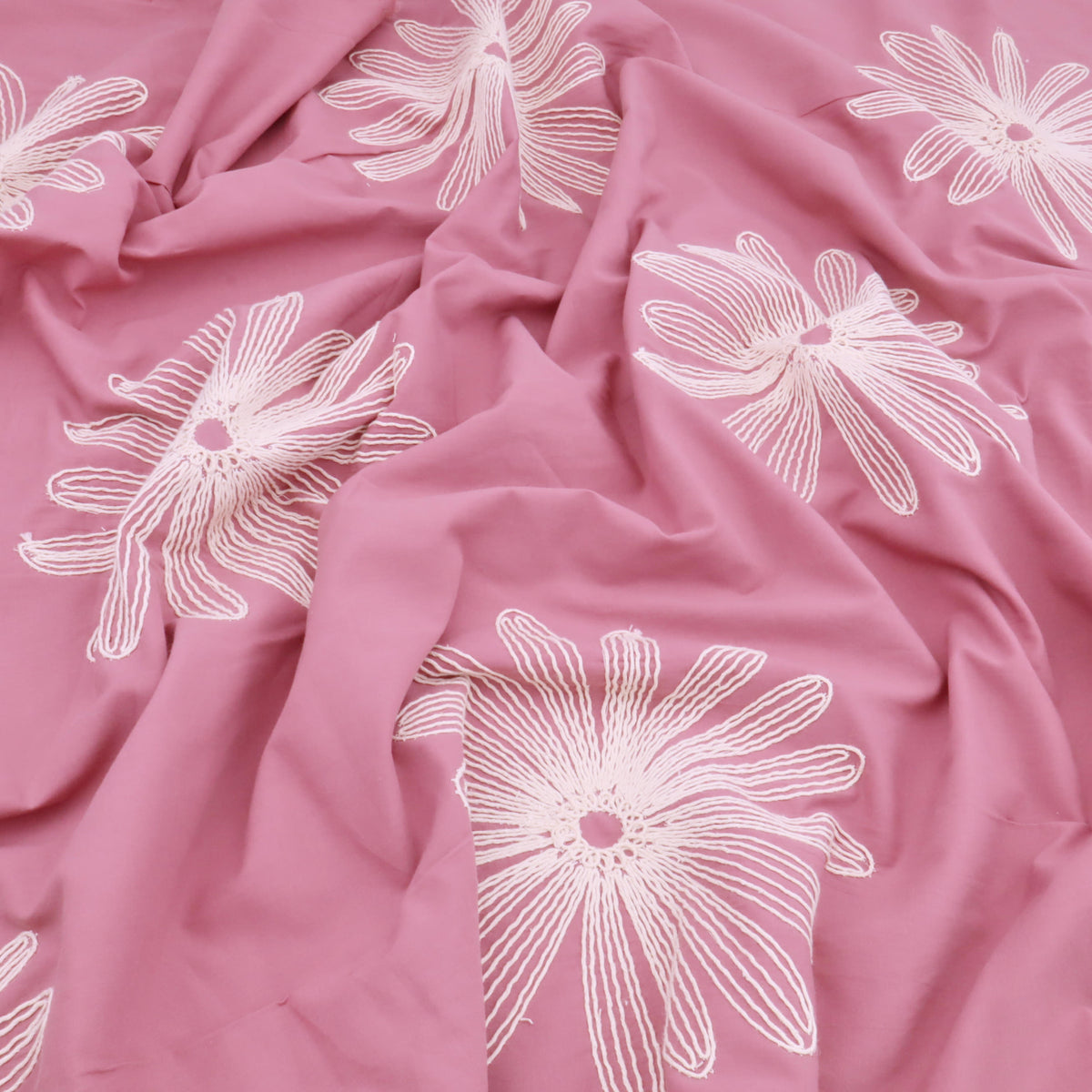 Daisy Cotton Embroidery Dressmaking Fabric - Mauve