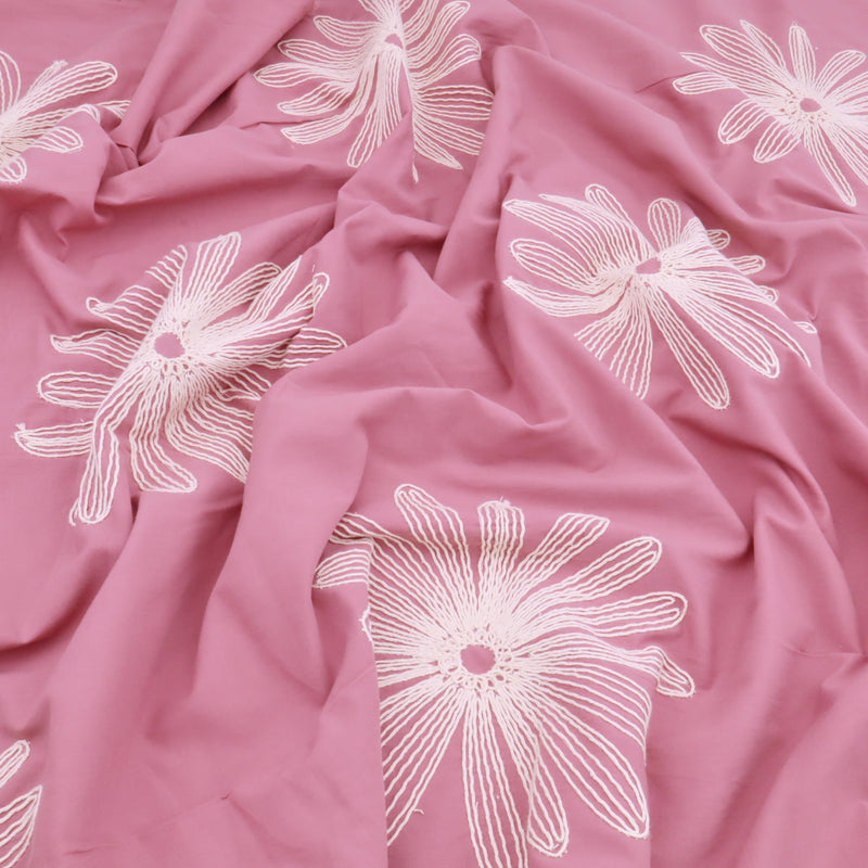 Daisy Cotton Embroidery Dressmaking Fabric - Mauve