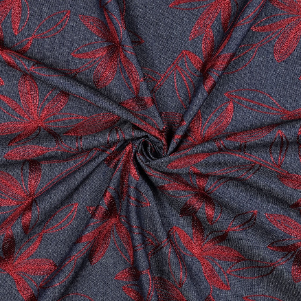 Denim Cotton Embroidered Dressmaking Fabric - Burgundy Leaves