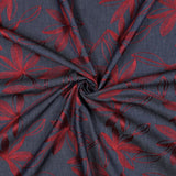 Denim Cotton Embroidered Dressmaking Fabric - Burgundy Leaves