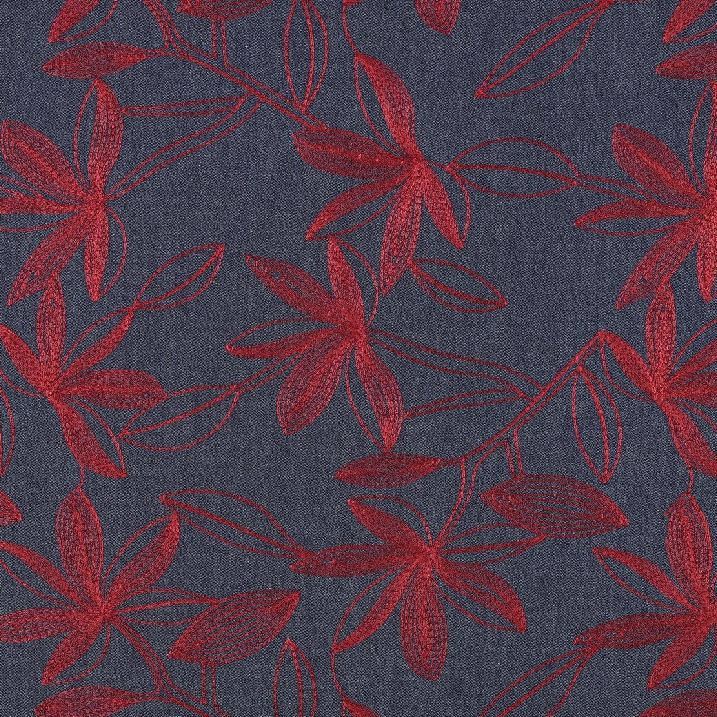 Denim Cotton Embroidered Dressmaking Fabric - Burgundy Leaves