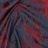 Denim Cotton Embroidered Dressmaking Fabric - Burgundy Leaves