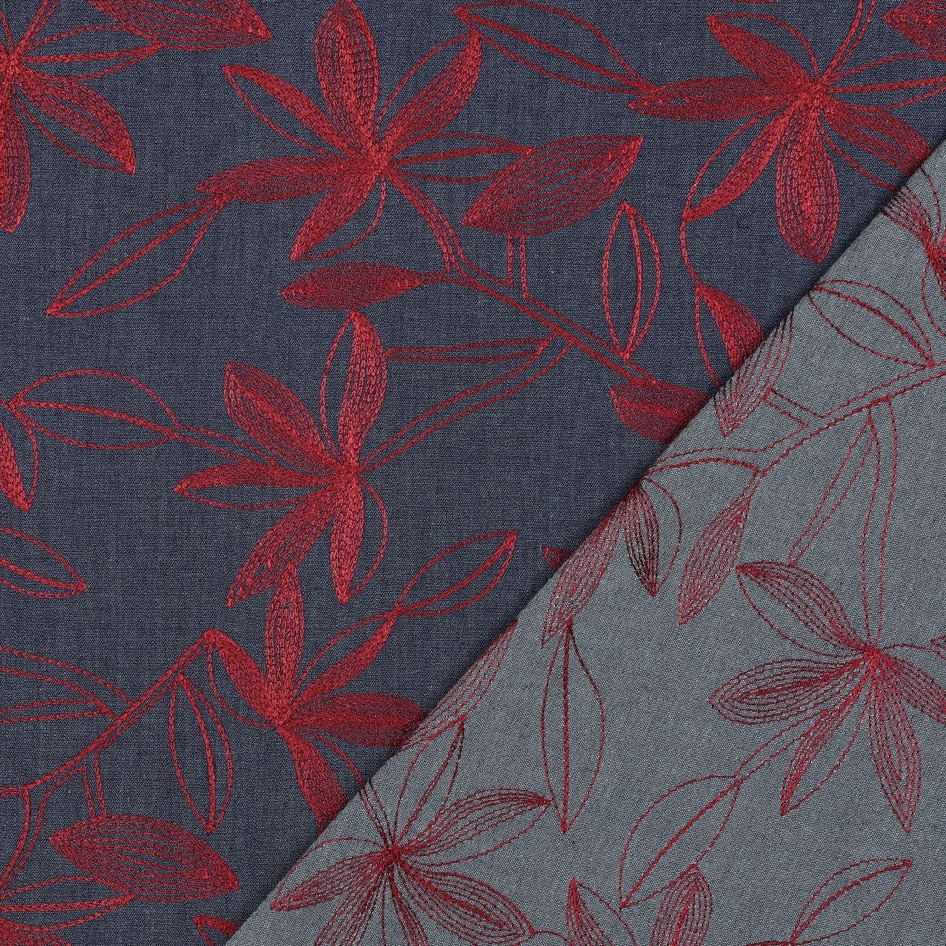 Denim Cotton Embroidered Dressmaking Fabric - Burgundy Leaves