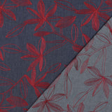 Denim Cotton Embroidered Dressmaking Fabric - Burgundy Leaves