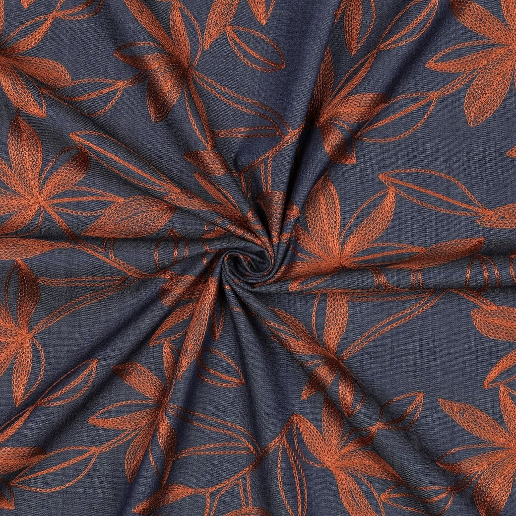 Denim Cotton Embroidered Dressmaking Fabric - Camel Leaves