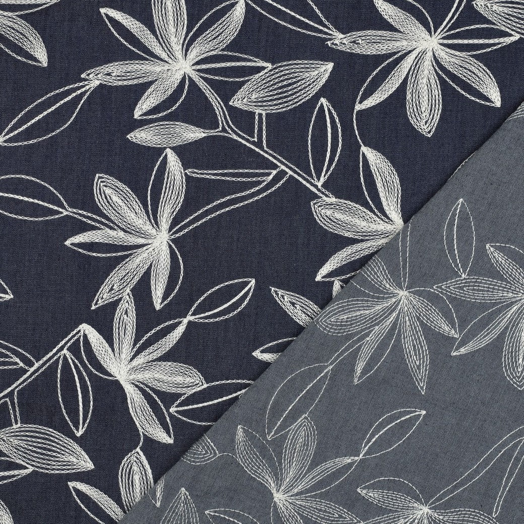 Denim Cotton Embroidered Dressmaking Fabric - White Leaves