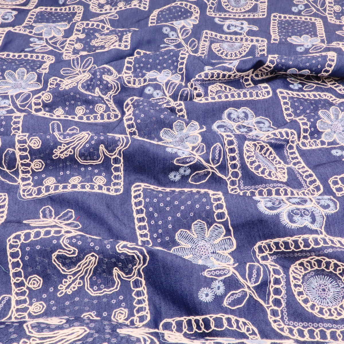 Denim Sequin Embroidered Flowers Dressmaking Jacketing Fabric - Dark Blue