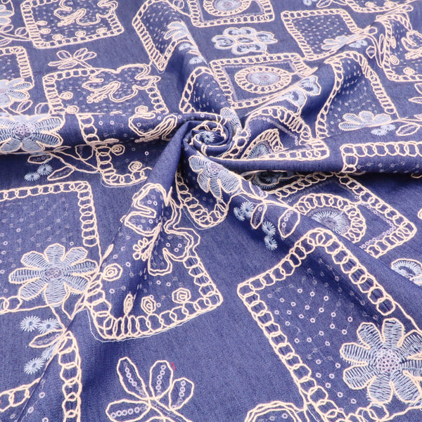 Denim Sequin Embroidered Flowers Dressmaking Jacketing Fabric - Dark Blue