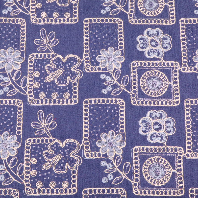 Denim Sequin Embroidered Flowers Dressmaking Jacketing Fabric - Dark Blue