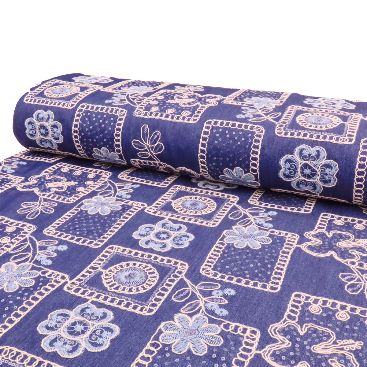Denim Sequin Embroidered Flowers Dressmaking Jacketing Fabric - Dark Blue