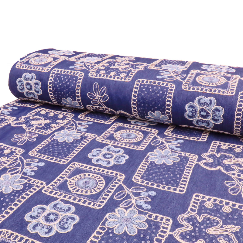 Denim Sequin Embroidered Flowers Dressmaking Jacketing Fabric - Dark Blue