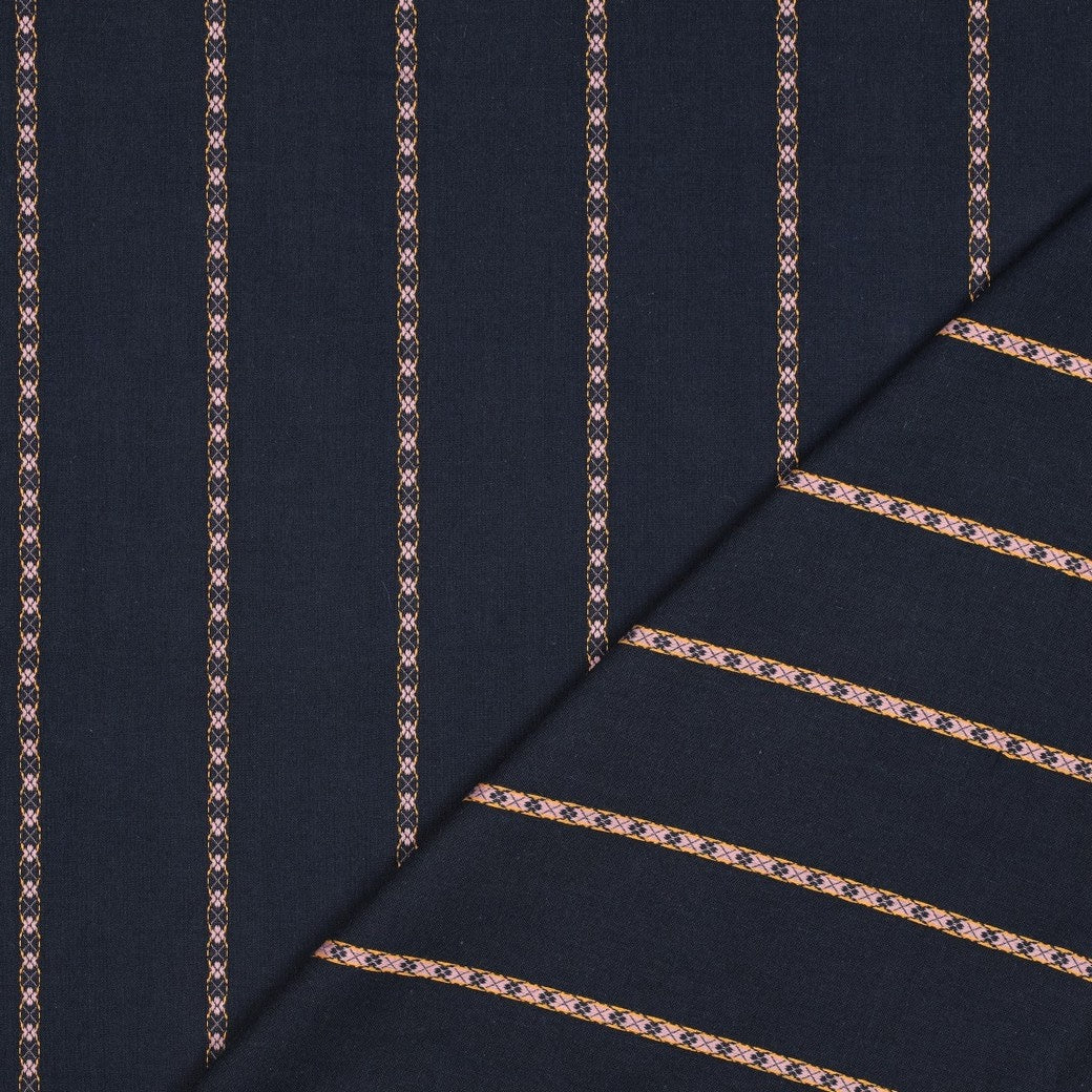 Dobby Cotton Jacquard Dressmaking Fabric - Navy Pink Stripe