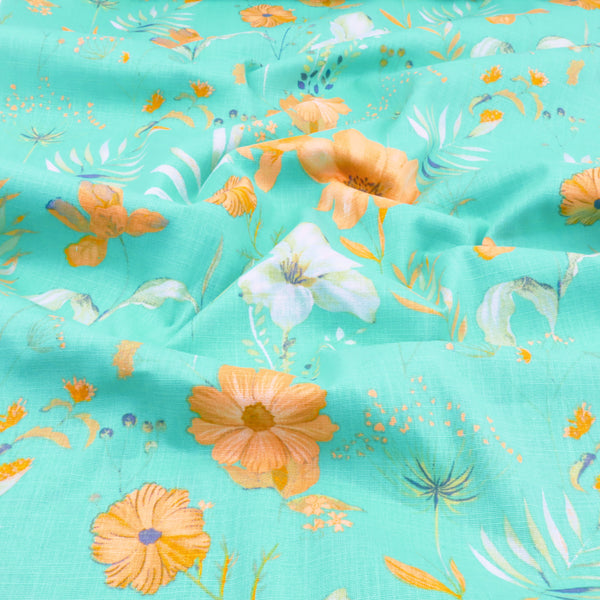 Edith Printed Cotton Linen Dressmaking Fabric - Flowers on Aqua