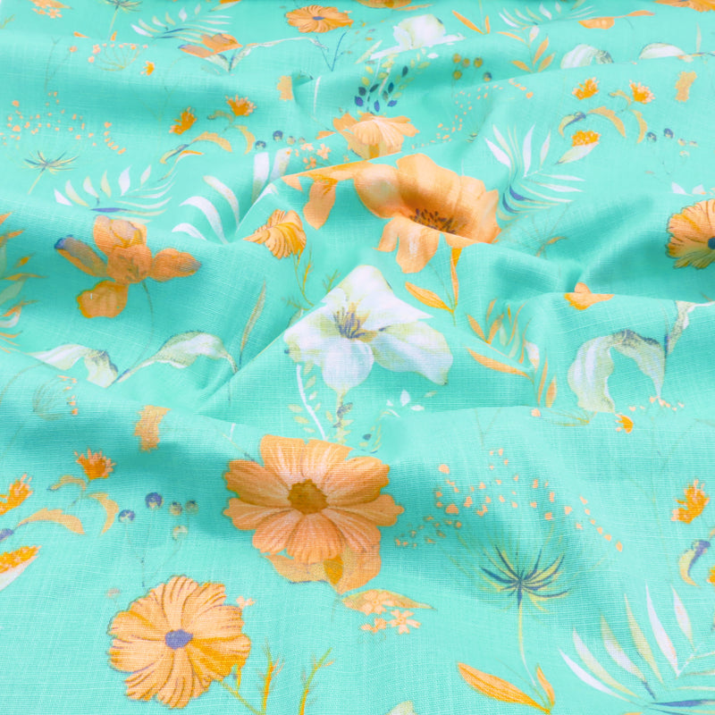 Edith Printed Cotton Linen Dressmaking Fabric - Flowers on Aqua