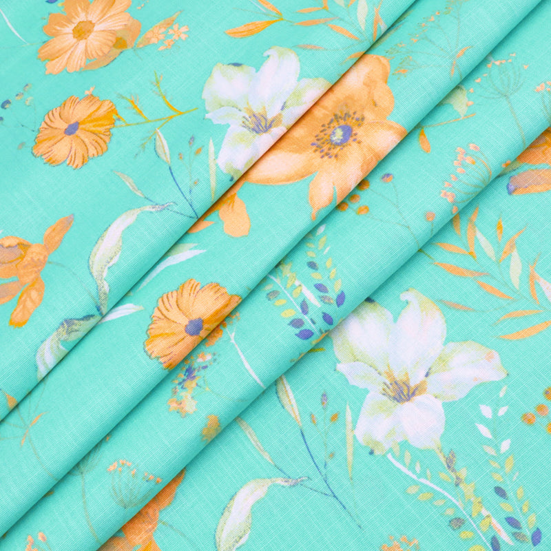 Edith Printed Cotton Linen Dressmaking Fabric - Flowers on Aqua